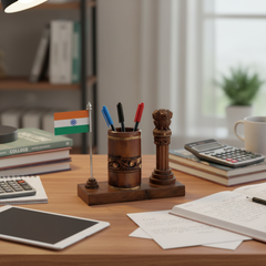 Ashoka Pillar Pen Stand – Wooden Office Table Accessory