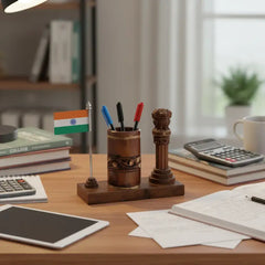Ashoka Pillar Pen Stand – Wooden Office Table Accessory maruthi handicrafts