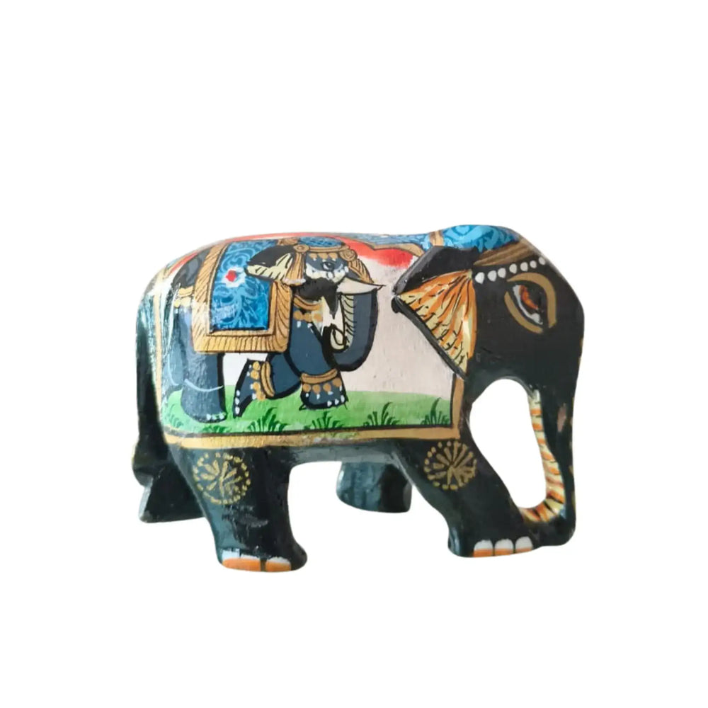 Black Painted Wooden Mughal Elephants – Elegant Decorative Figurines maruthi handicrafts