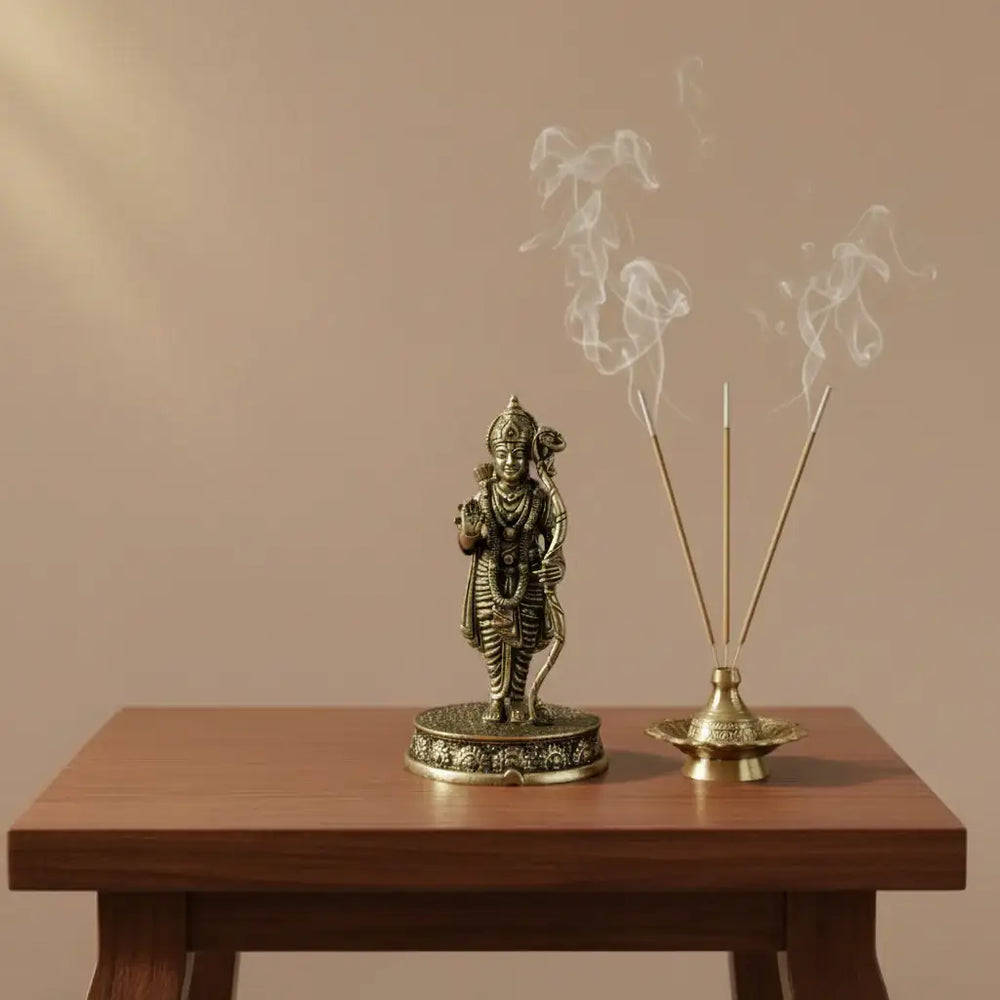 Antique Brass Idol Of Lord Rama with Bow and Arrow on Etched Pedestal Brass Ware