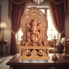 Grand Hand-Carved Wooden Ganesha Sculpture on Pedestal with Prabhavali and Mushaks Wood Decorative