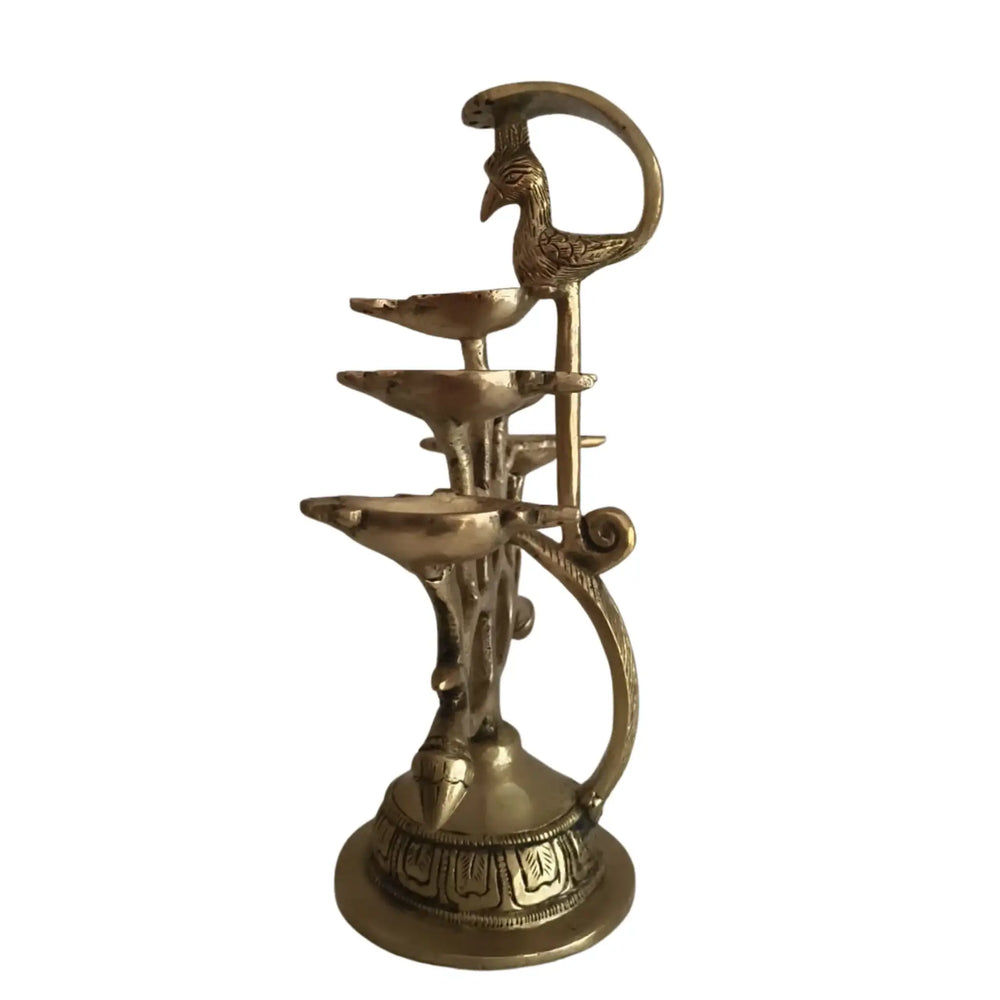 Ornate Brass Multi-Wick Diya Lamp with Peacock Motif - Traditional Pooja Item Brass Ware