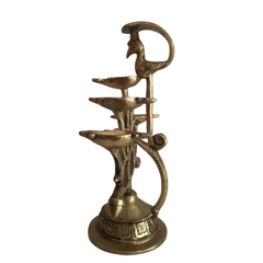 Ornate Brass Multi-Wick Diya Lamp with Peacock Motif - Traditional Pooja Item