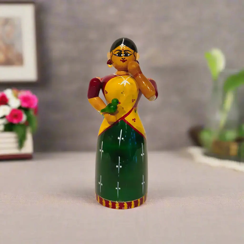 Handcrafted Etikoppaka Wooden Woman with Parrot | Traditional Indian Art Etikoppaka Lacquerware