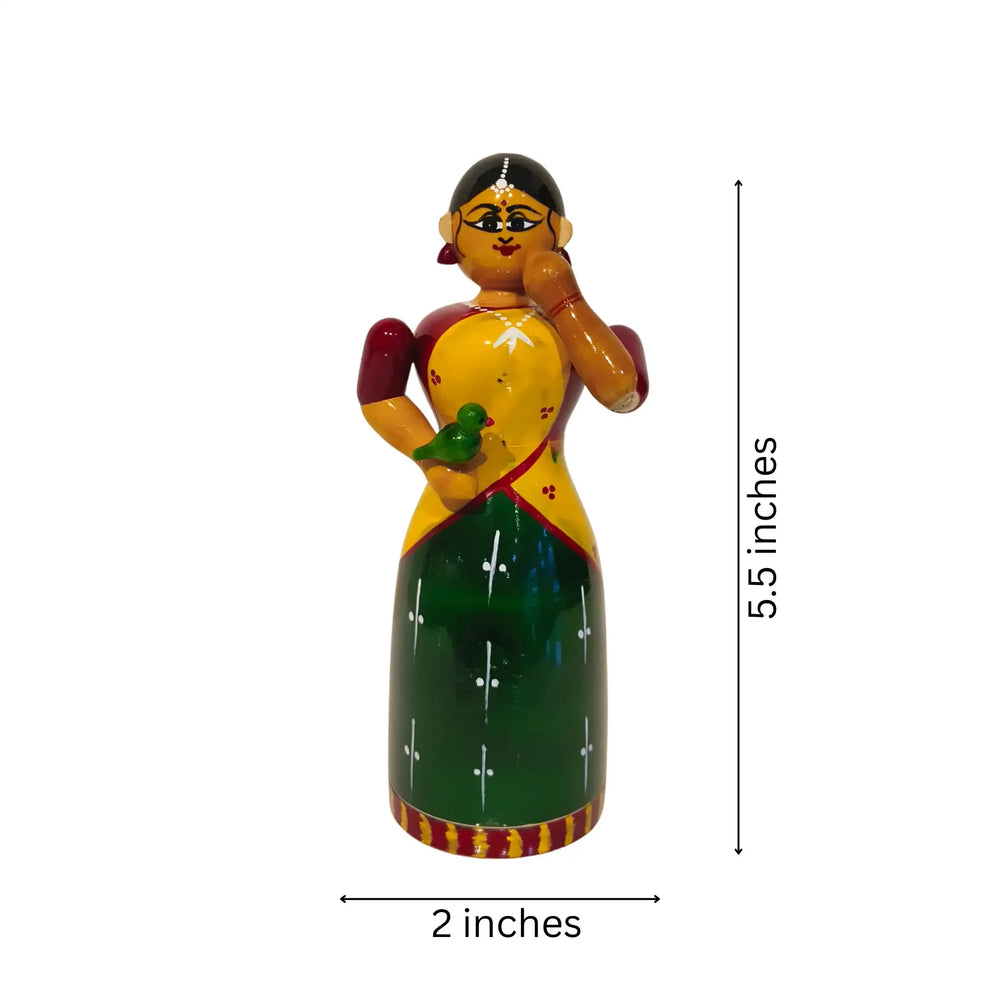 Handcrafted Etikoppaka Wooden Woman with Parrot | Traditional Indian Art Etikoppaka Lacquerware