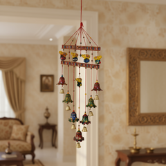 Vibrant Rajasthani Ganesh and Bell Wind Chime Wall Hanging