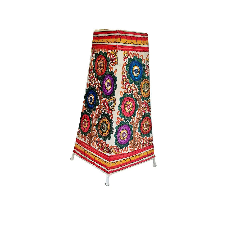 Indian Leather Puppetry Floor Lamp with Hand-Painted Floral Art Leather Paintings