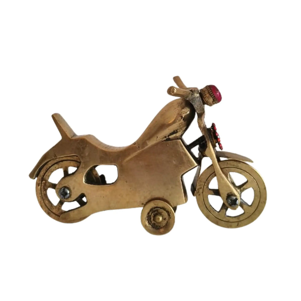 Brass Motorcycle Figurine with Red Gem Accents | Vintage Bike Model Collectible Brass Ware
