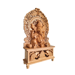 Grand Hand-Carved Wooden Ganesha Sculpture on Pedestal with Prabhavali and Mushaks
