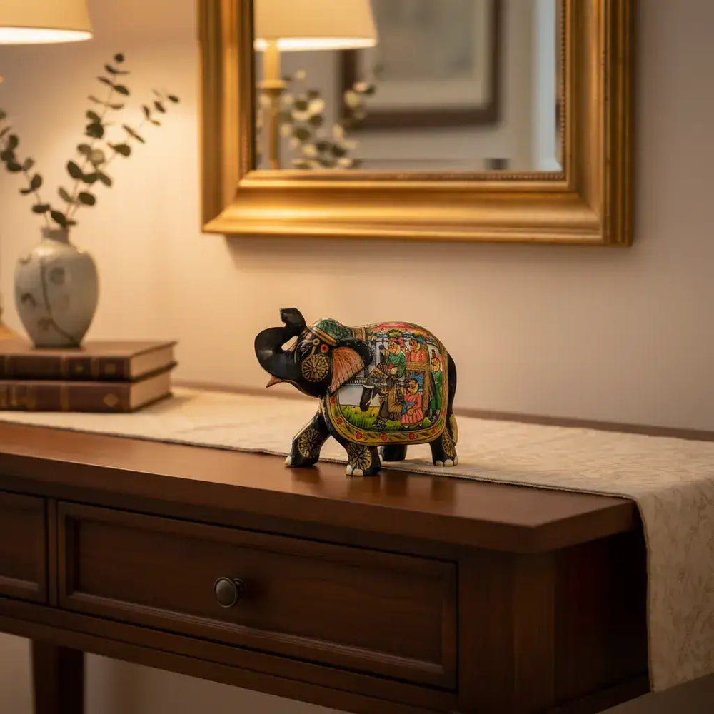 Black Painted Wooden Mughal Elephants – Elegant Decorative Figurines maruthi handicrafts