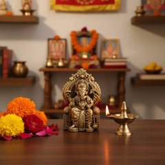 Brass Lord Ganesha Idol Seated on Throne – Royal Vigneshwara Brass Ware