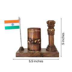 Ashoka Pillar Pen Stand – Wooden Office Table Accessory maruthi handicrafts