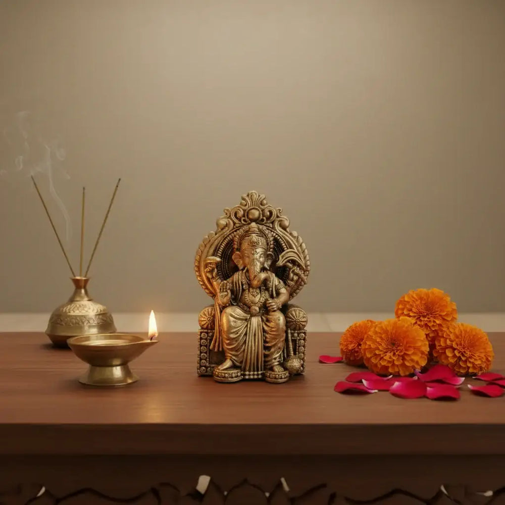 Brass Lord Ganesha Idol Seated on Throne – Royal Vigneshwara Brass Ware