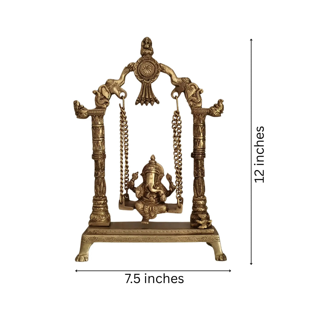 Unique Brass Lord Ganesha on Swing (Jhula): Idol of Joy, Playfulness, and Auspiciousness Brass Ware