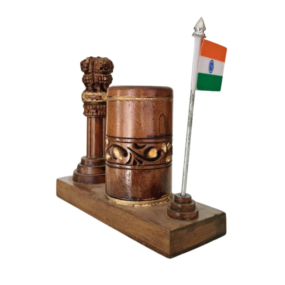 Ashoka Pillar Pen Stand – Wooden Office Table Accessory maruthi handicrafts
