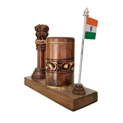 Ashoka Pillar Pen Stand – Wooden Office Table Accessory maruthi handicrafts