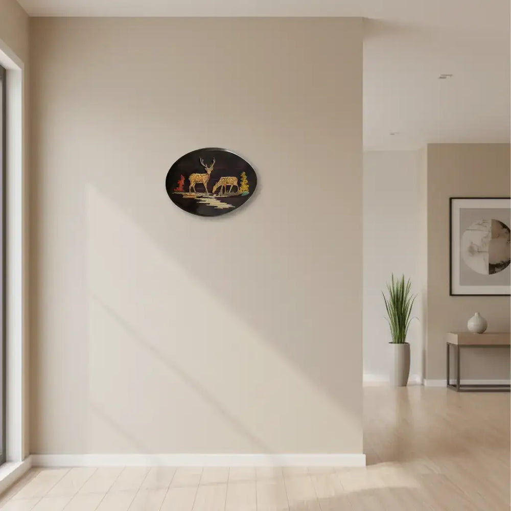 Tranquil Deer Silhouette – Handcrafted Oval Rosewood Inlay Artwork Inlay Art