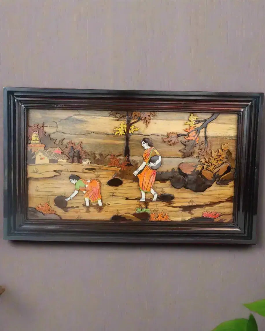 Village Life by the Riverside – Handcrafted Rosewood Inlay Frame Inlay Art