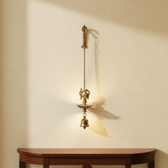 Traditional Brass Hanging Oil Lamp (Diya) with Peacock and Bell