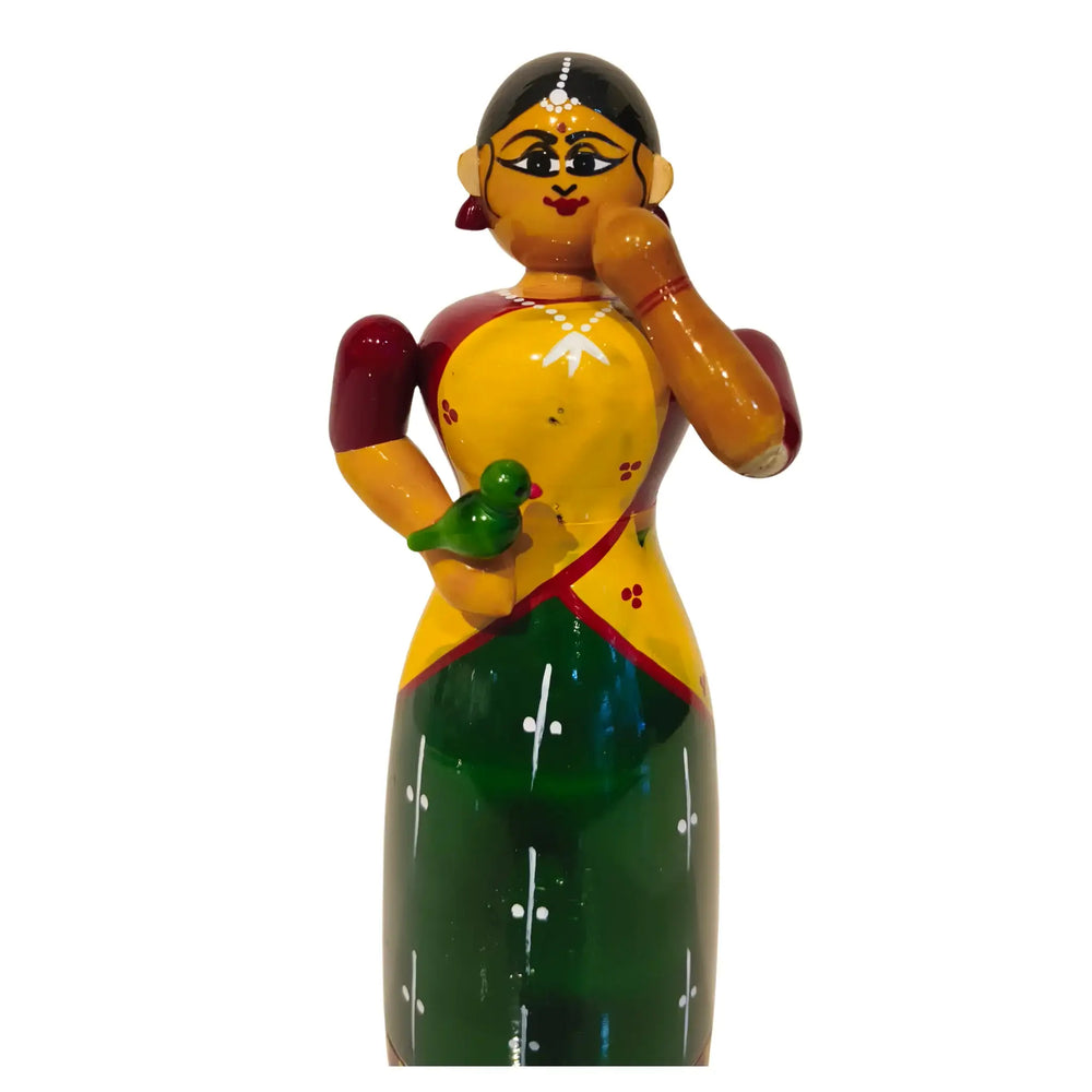 Handcrafted Etikoppaka Wooden Woman with Parrot | Traditional Indian Art Etikoppaka Lacquerware