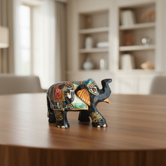 Hand-Painted Black Elephant Figurine with Traditional Indian Art