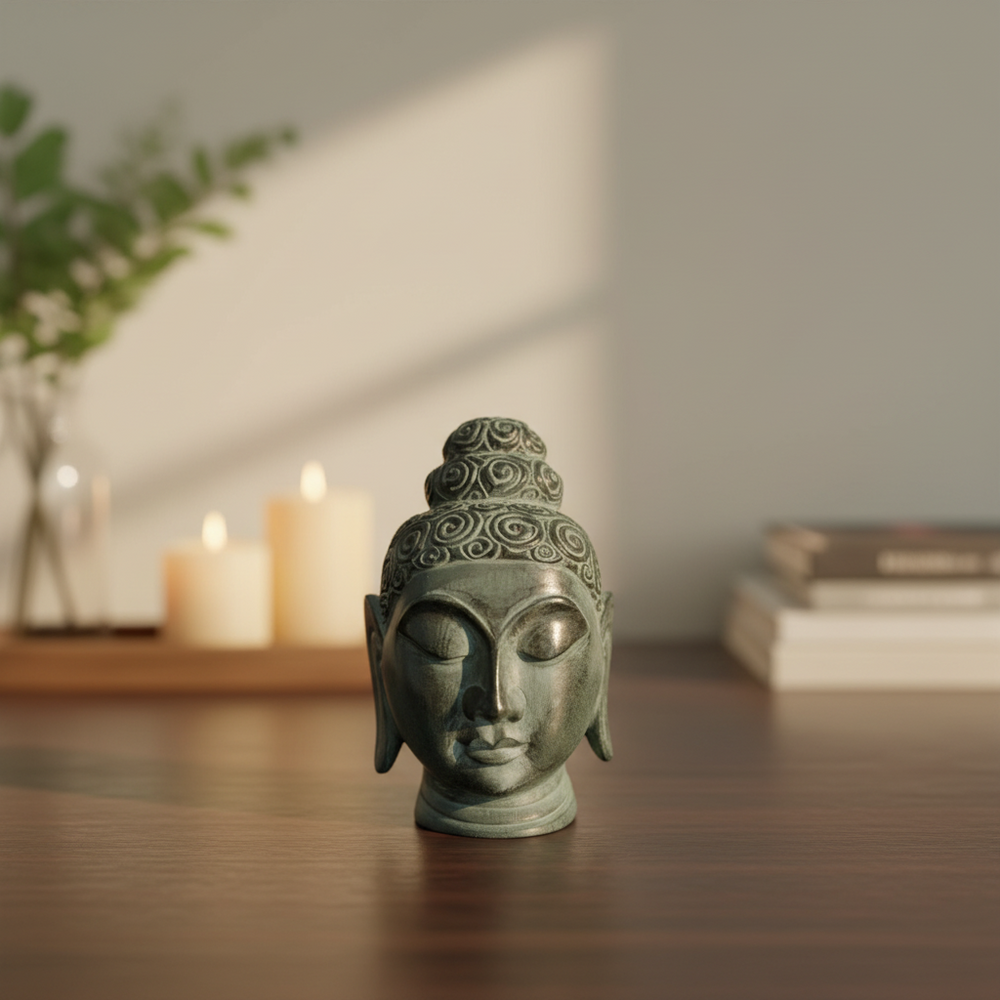 Elegant marble Buddha face figurine with smooth polished finish.