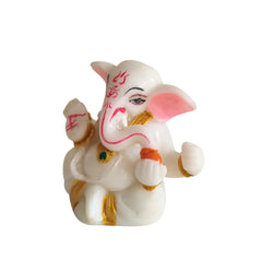 Serene White Marble-Finish Lord Ganesha Idol with Pink and Gold Accents Marble Soft Stone