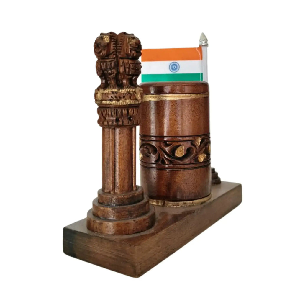 Ashoka Pillar Pen Stand – Wooden Office Table Accessory maruthi handicrafts
