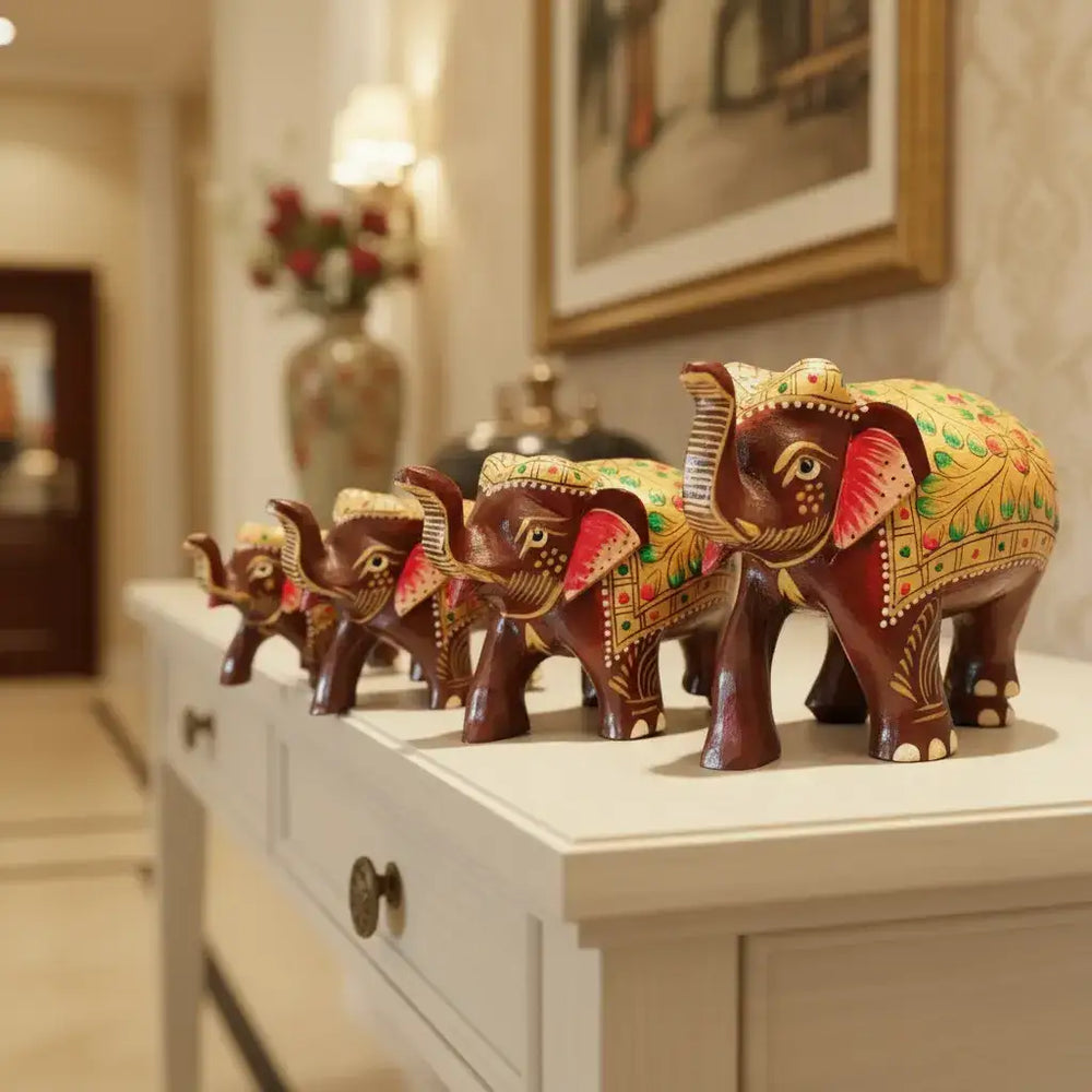 Hand-Painted Wooden Elephant with Trunk Up | Decorative Figurine maruthi handicrafts