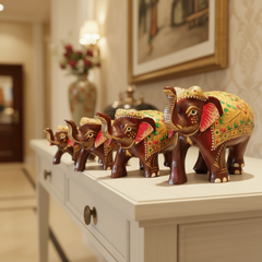 Hand-Painted Wooden Elephant with Trunk Up | Decorative Figurine