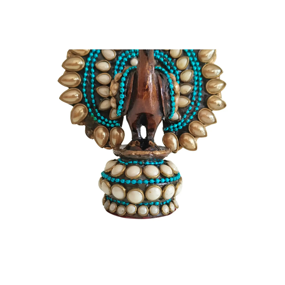 Traditional Indian Style Adorned Peacock Showpiece Idol Wooden Decorative