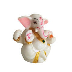 Serene White Marble-Finish Lord Ganesha Idol with Pink and Gold Accents Marble Soft Stone