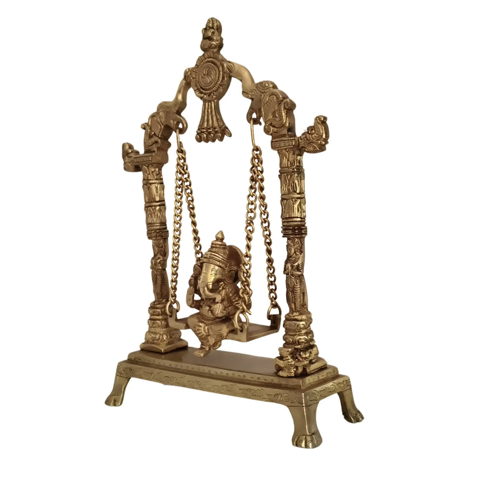 Unique Brass Lord Ganesha on Swing (Jhula): Idol of Joy, Playfulness, and Auspiciousness Brass Ware