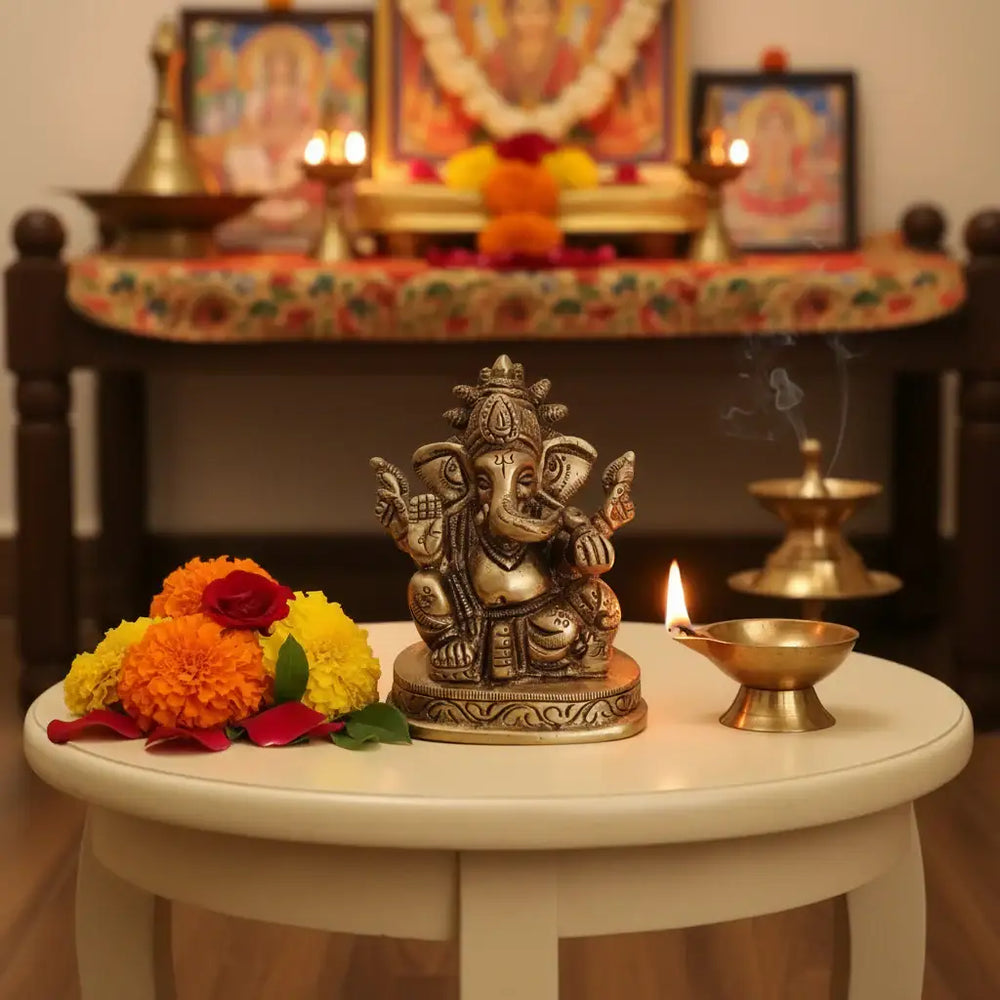 Brass Lord Ganesha Idol – Seated Four-Armed Remover of Obstacles for Auspicious Beginnings Brass Ware