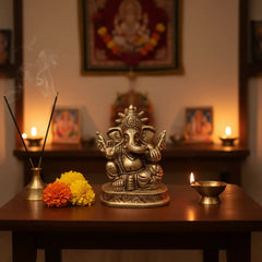 Brass Lord Ganesha Idol – Seated Four-Armed Remover of Obstacles for Auspicious Beginnings Brass Ware
