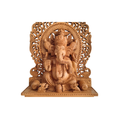 Grand Hand-Carved Wooden Ganesha Sculpture on Pedestal with Prabhavali and Mushaks