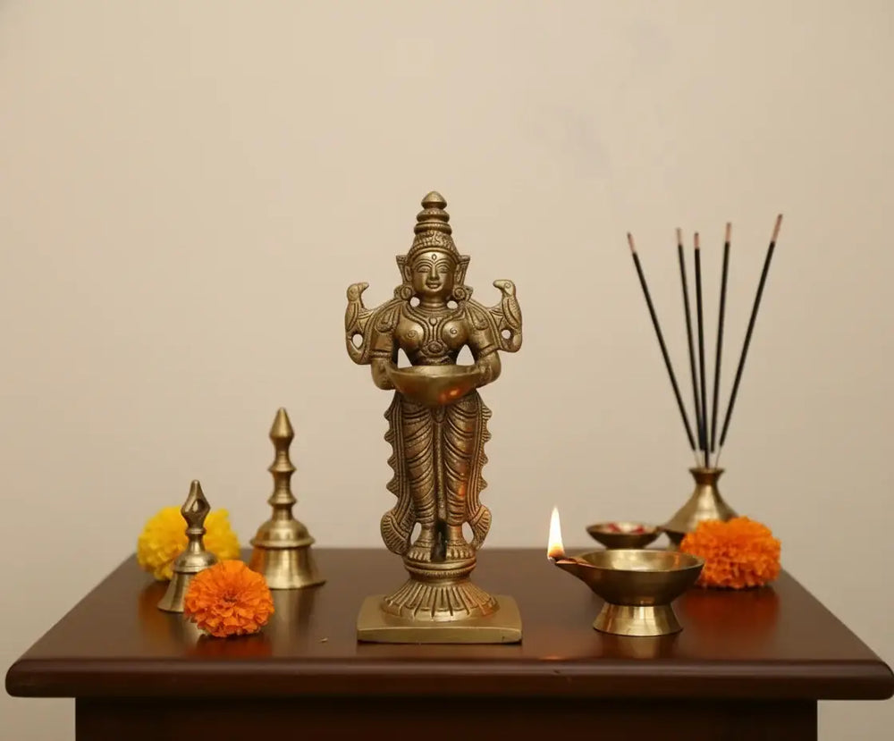 Graceful Brass Lady with Diya – Symbol of Devotion and Radiant Light from Aligarh Brass Ware