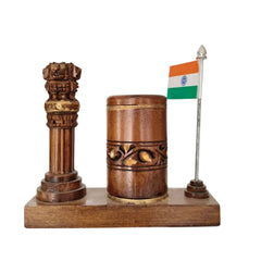 Ashoka Pillar Pen Stand – Wooden Office Table Accessory maruthi handicrafts