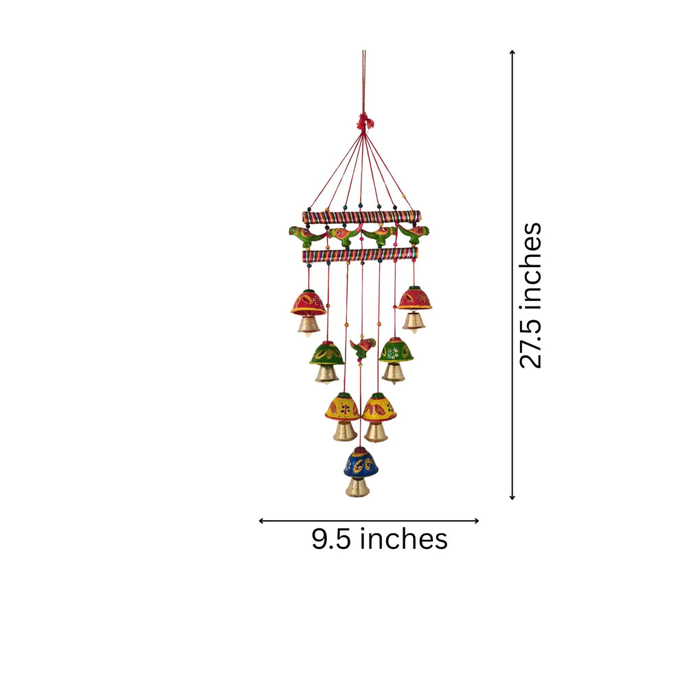 Hand-Painted Indian Parrot & Bell Wind Chime Wall Hanging wall decor