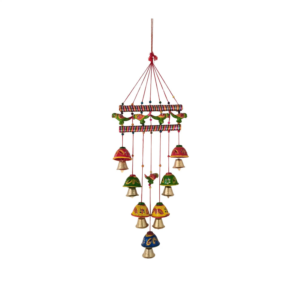 Hand-Painted Indian Parrot & Bell Wind Chime Wall Hanging wall decor