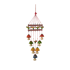 Hand-Painted Indian Parrot and Bell Wind Chime Wall Hanging