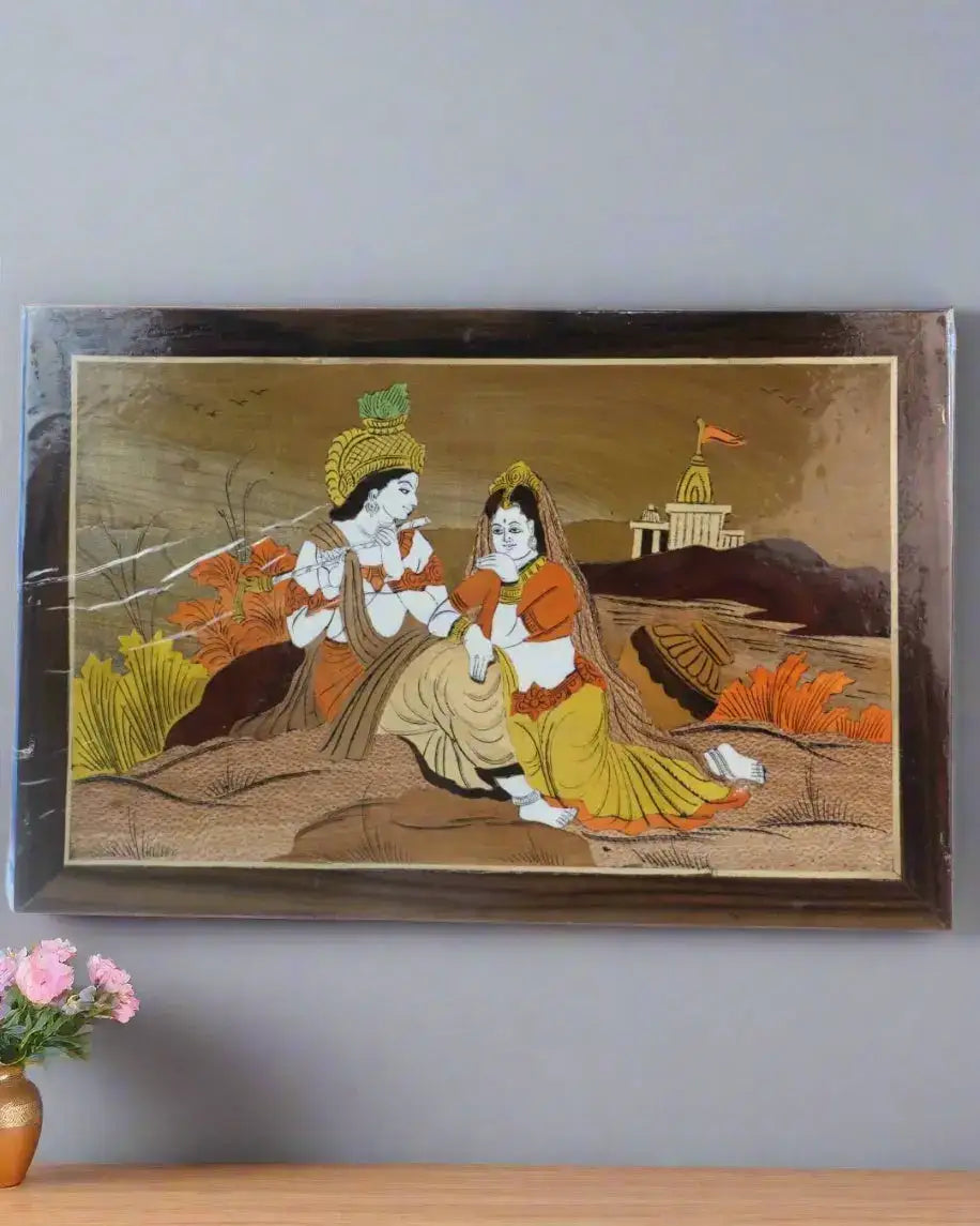 Divine Radha Krishna River Bank Scene – Premium Rosewood Inlay Wall Frame Arun