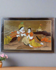 Divine Radha Krishna River Bank Scene – Premium Rosewood Inlay Wall Frame