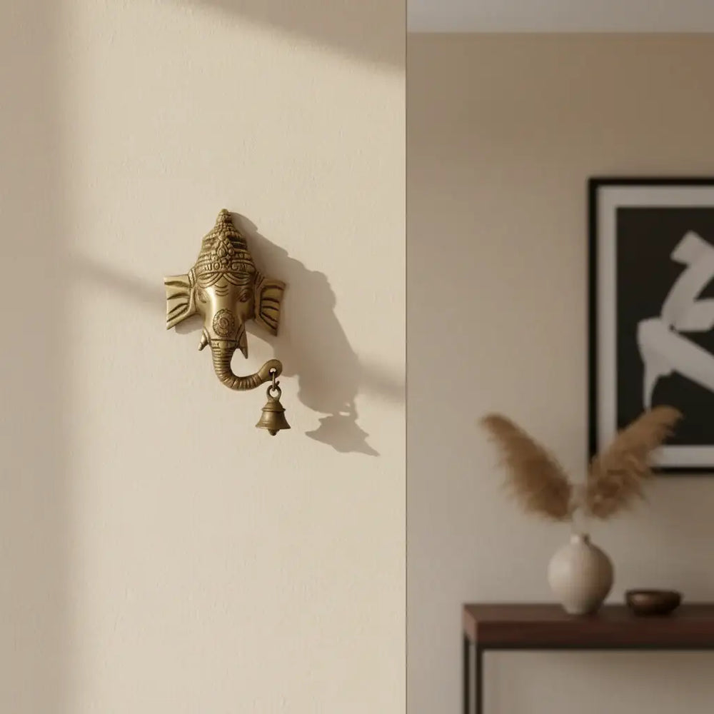 Auspicious Brass Ganesha Head Wall Hanging with Bell - Remover of Obstacles Brass Ware