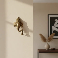 Auspicious Brass Ganesha Head Wall Hanging with Bell - Remover of Obstacles Brass Ware