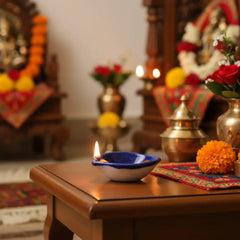 Leaf/Teardrop Shaped Blue Pottery Diya | Abstract Floral Oil Lamp Pottery