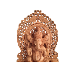 Grand Hand-Carved Wooden Ganesha Sculpture on Pedestal with Prabhavali and Mushaks