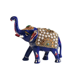 Hand-Painted Blue Elephant Figurine with Kundan and Meenakari Work