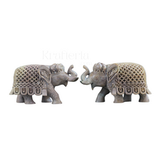 Pair of Elephants in Soft Stone – Intricate Jali Carving Handcrafted Artwork