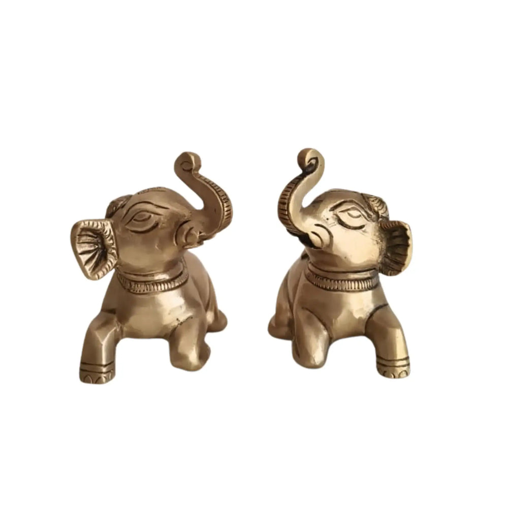Pair of Handcrafted Brass Elephant Figurines Trunk Up Lucky Elephant Decor Brass Ware